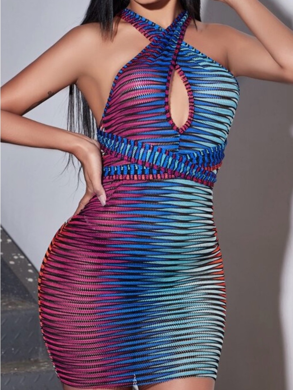 SHEIN Blue Pink Gradient Halter Keyhole Bodycon Mini Dress